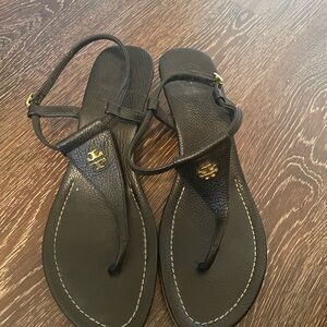 Tory Burch Black Thong Sandals with Gold Accents